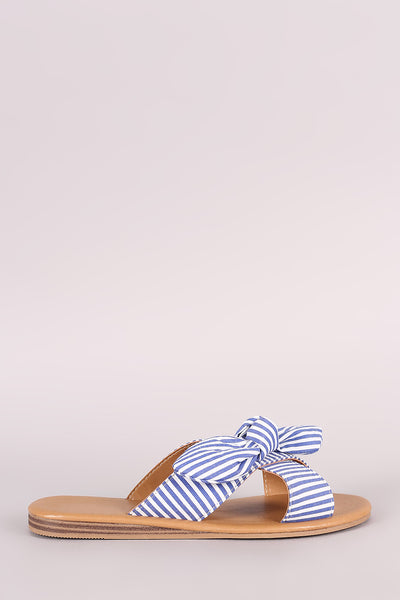 Qupid Knotted Bow Accent Cross Band Slide Flat Sandal